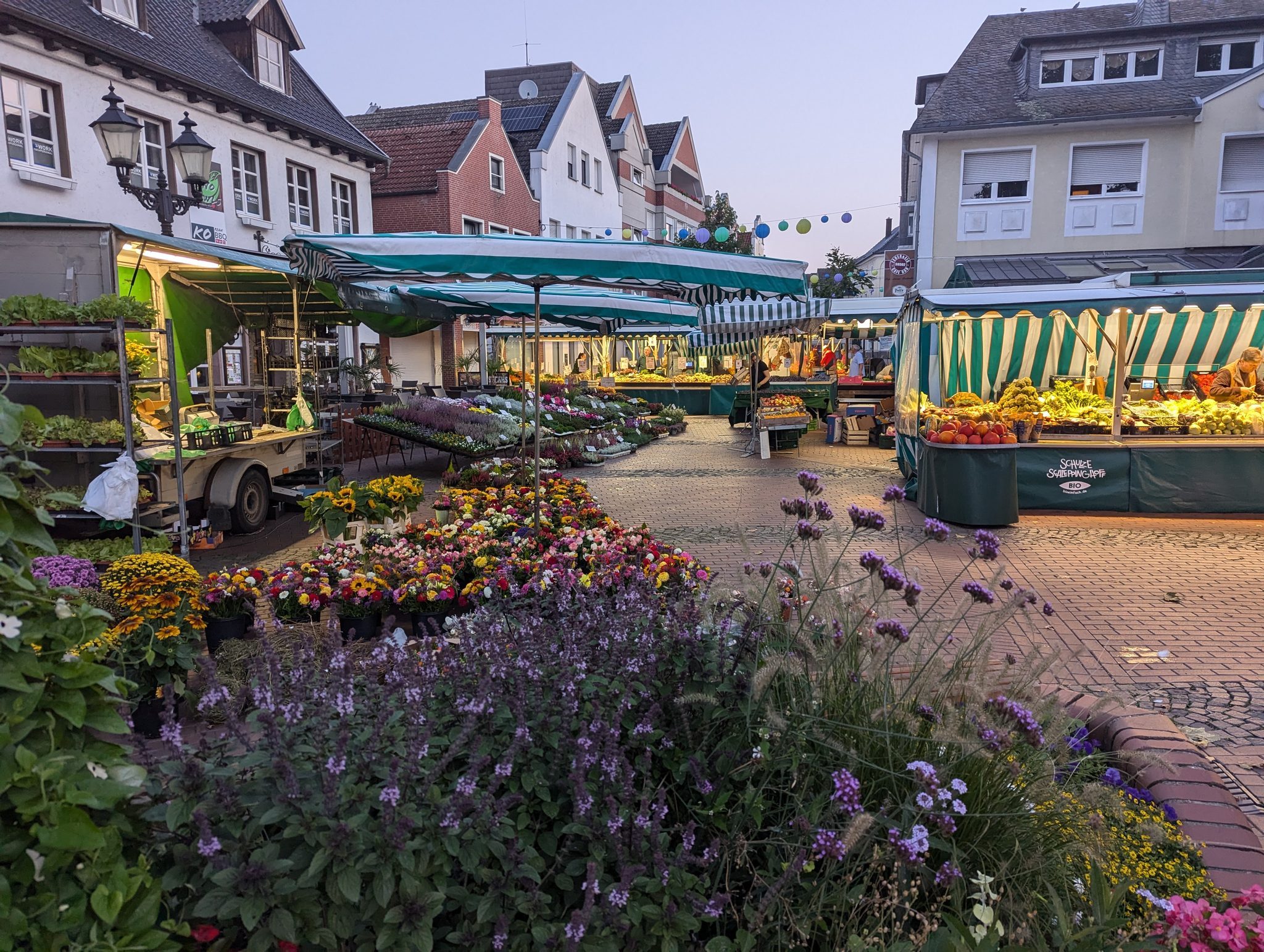 Wochenmarkt mit Blumen, Gemüse und beleuchteten Marktständen